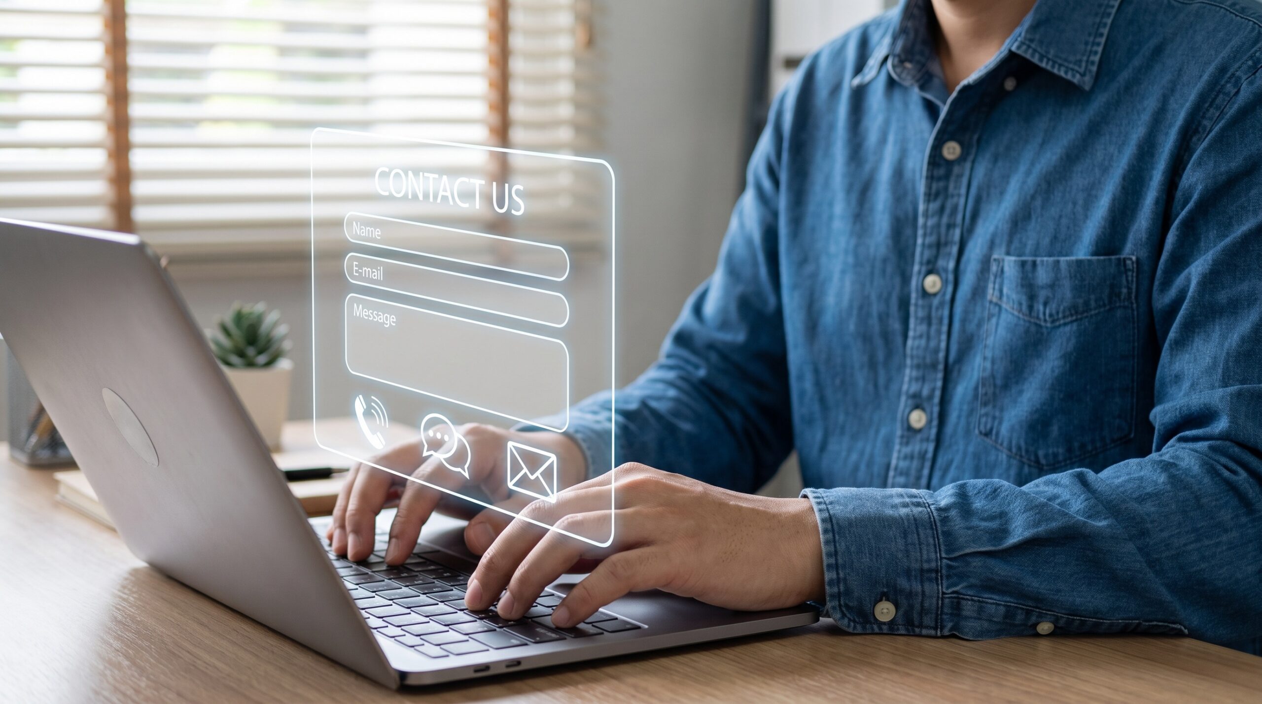 An image of a man in a blue shirt sitting at a desk with a laptop open and a graphic of a contact form floating in front of his screen.